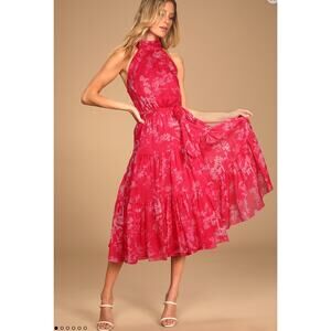 Lulu's Float to You Hot Pink Floral Print Halter-Neck Tiered Midi Dress